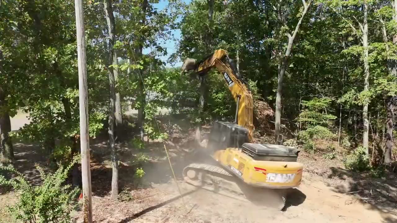 An excavator pushing over a tree on a wooded lot, dust rising.